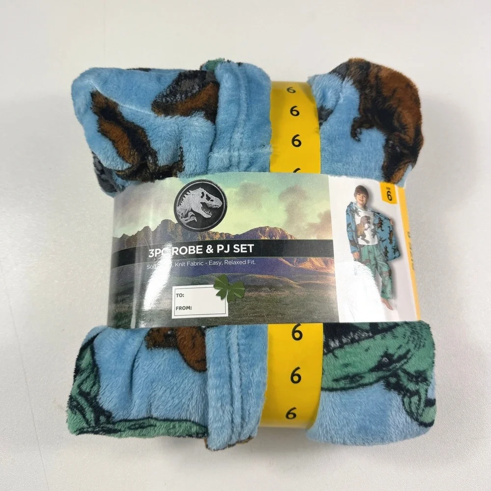 Jurassic World 3PC Robe and PJ Set Boys Size 6 Blue Brown Dinosaur NEW